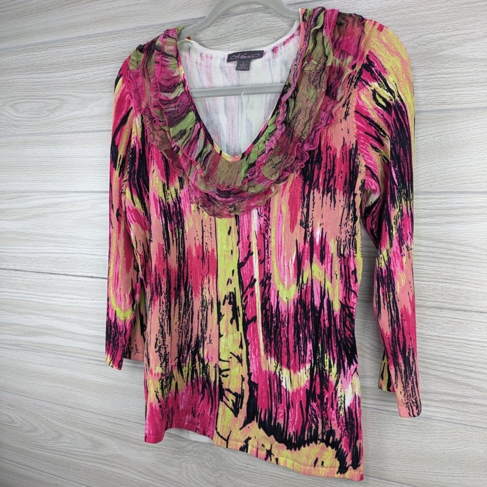 Metric Pink Abstract Ruffle Neckline Top - Picture 2 of 9
